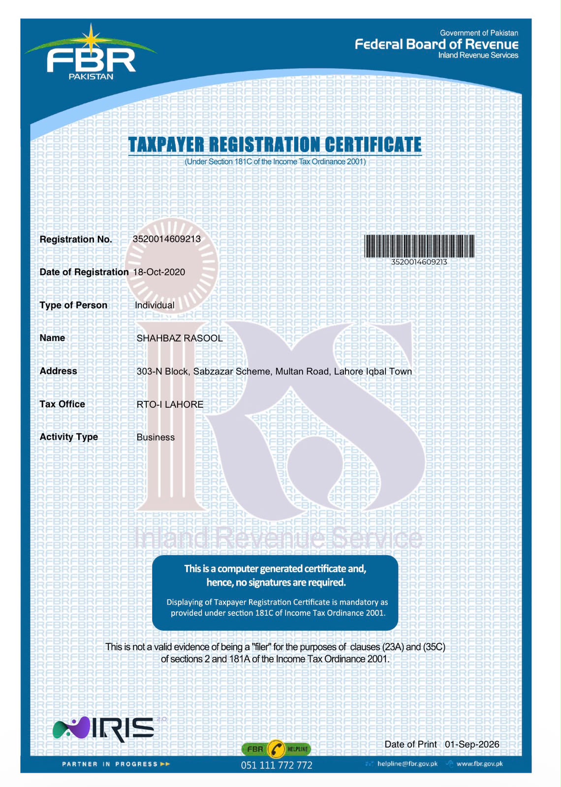 Federal Board of Revenue taxpayer registration certificate