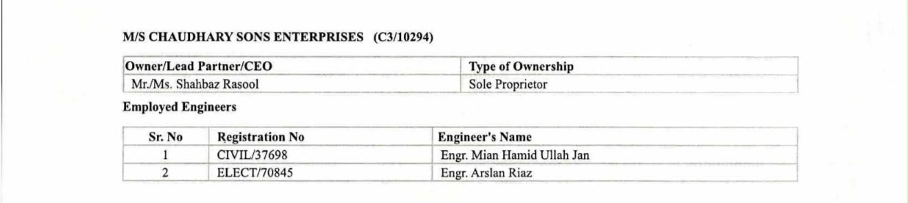 PEC record showing owner and employed engineers