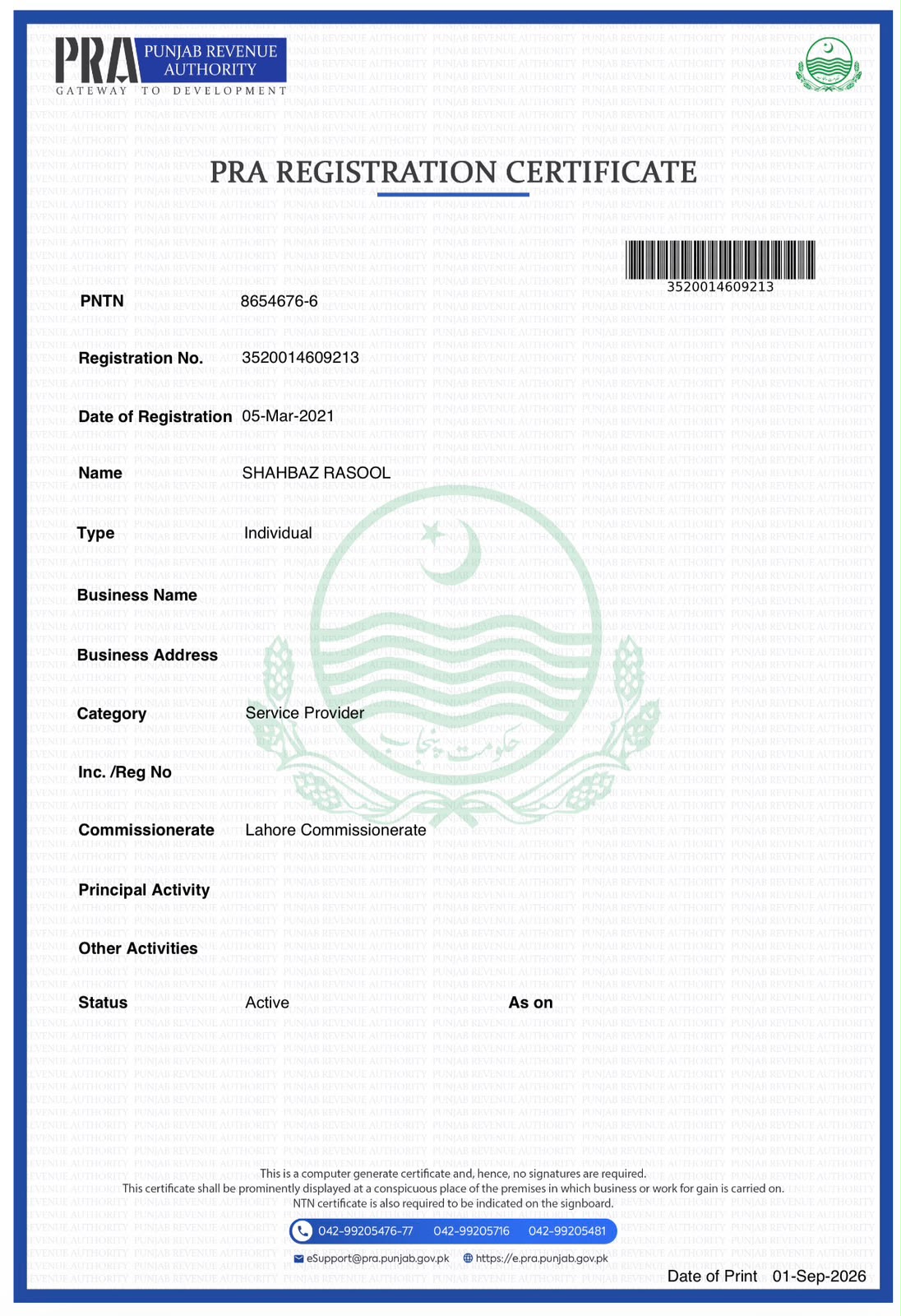 Punjab Revenue Authority registration certificate